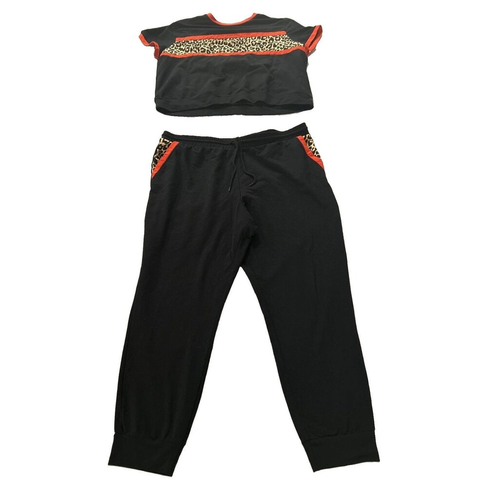 New York & Company Tracksuit Set XXL Black Leopard Print Crop Top Joggers NY&C
